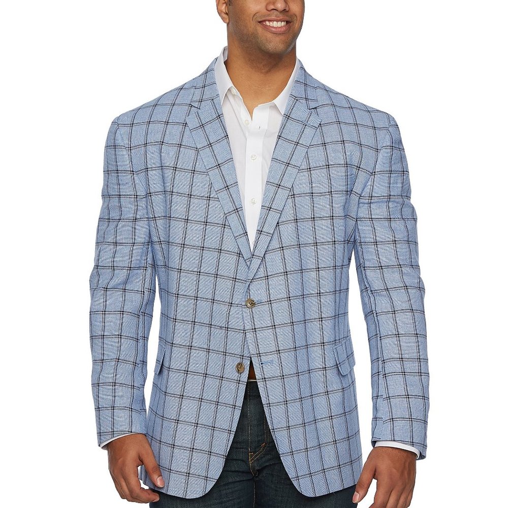 Stafford Blue Brown Windowpane Linen Sport Coat
